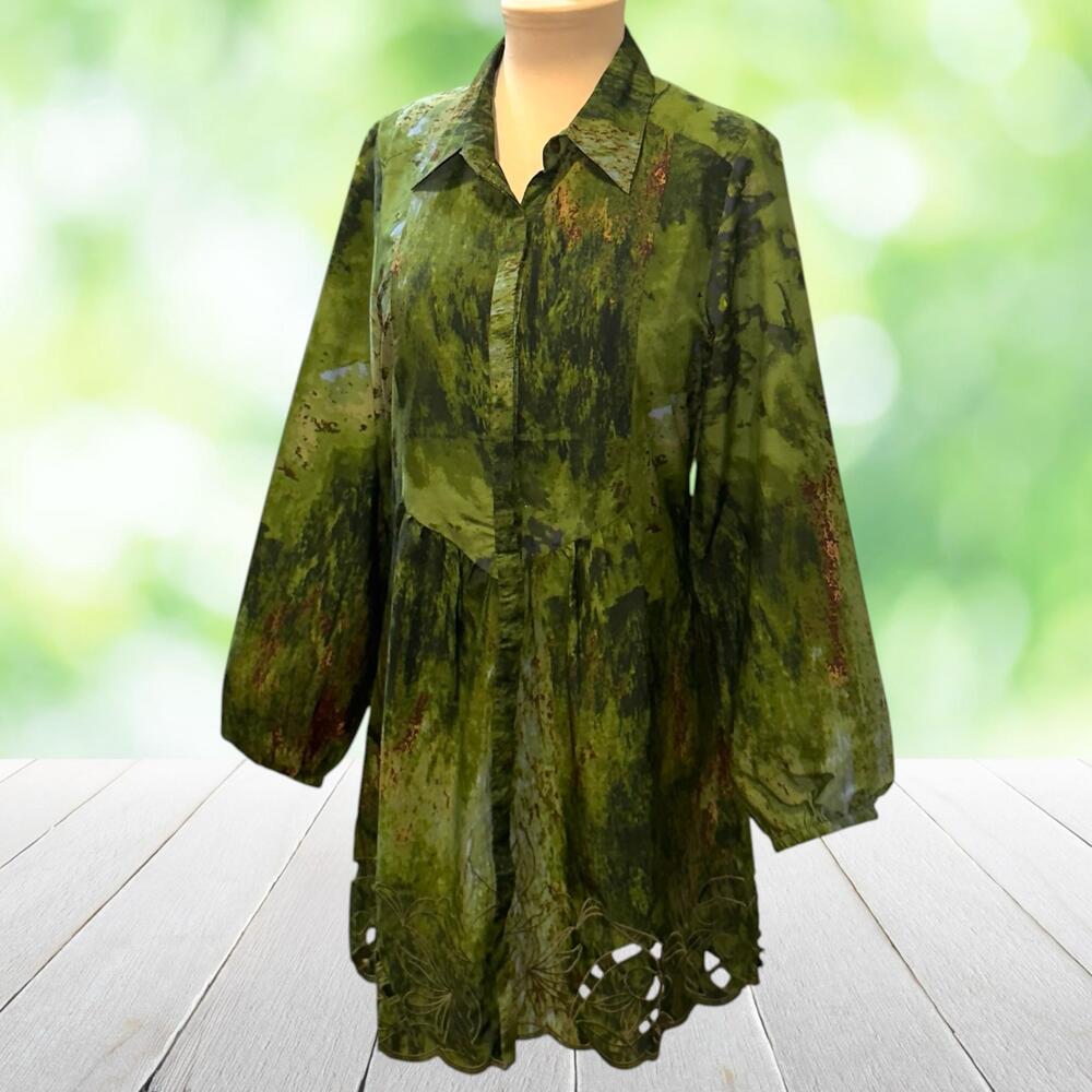 PYRAMID COLLECTION Tunic Dress Cutwork Hem Pintuck Boho Green Long Sleeve Size S